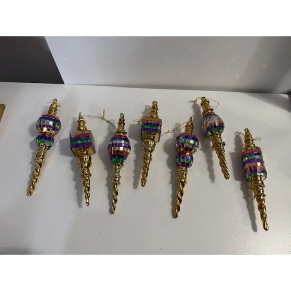 7 Multi Colored Mirrored Plastic Ornaments Vintage 6" Gold
